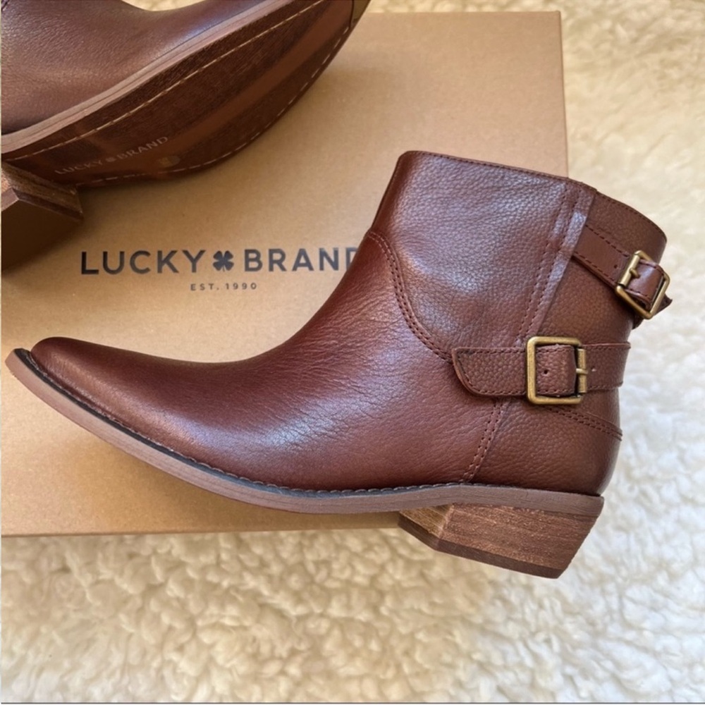New! LUCKY BRAND Caelyn Western Moto Leather Ankle Booties in Cognac Brown - Picture 6 of 14